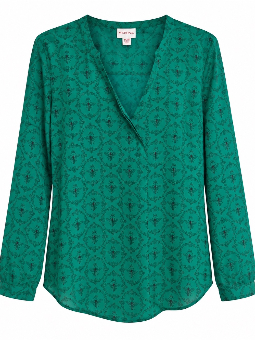 Merona Size M Emerald Green Black Bee Print Surplice Long Sleeve Blouse